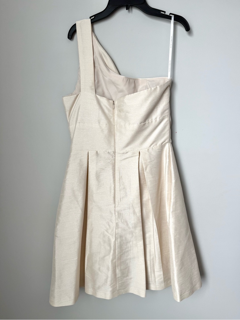 Alfred Sung Faux Raw Silk Elegant One-Shoulder Cream Cocktail Dress - Picture 3 of 5